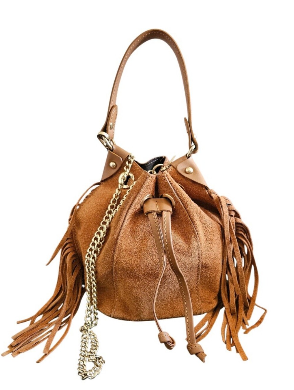 Anna Paola Suede Fringe Boho Drawstring Bucket Bag In Cognac
